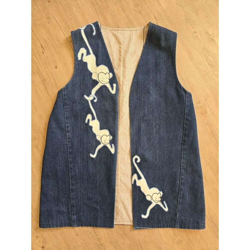 Handmade Vintage 80's Dark Wash Upcycled Denim Patchwork Cute‎ Monkeys Vest L/XL